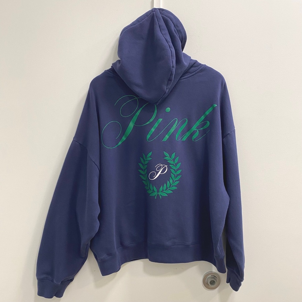 Pink Victoria's Secret Zip Hoodie Womens XXL Navy Blue Logo Fleece Sweatshirt